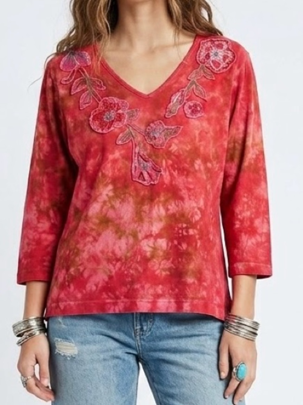 TANTRUMS 100% Cotton Red Pink V-Neck Embroidered Long Sleeve Tie-Dye Tee Top LHP